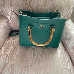 Green Leather Handbag with Bamboo Handles